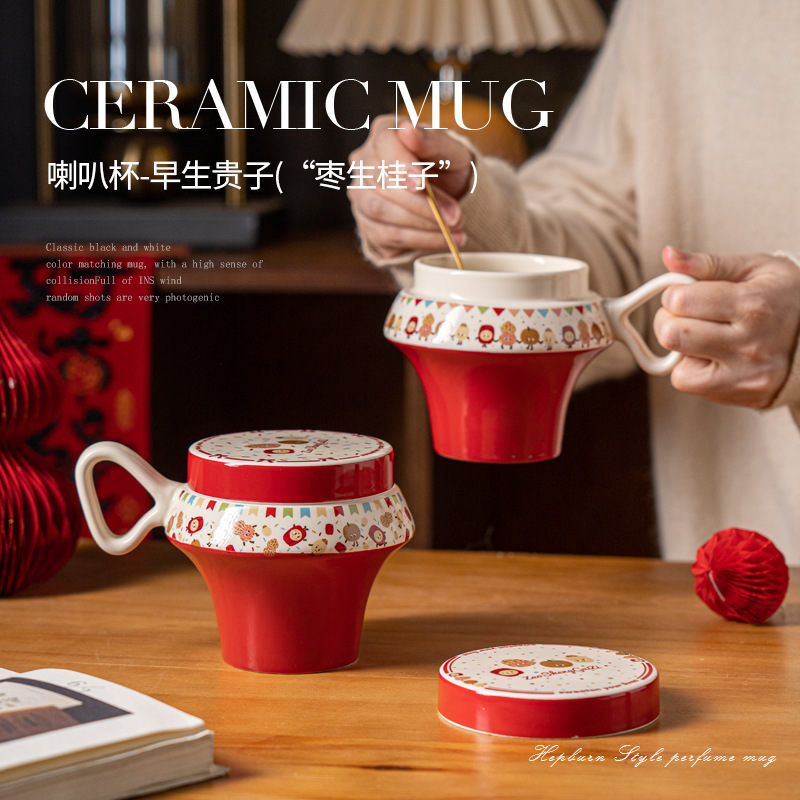 Coffee Or Tea Please - Creatieve keramische koffiekop met deksel, rood,