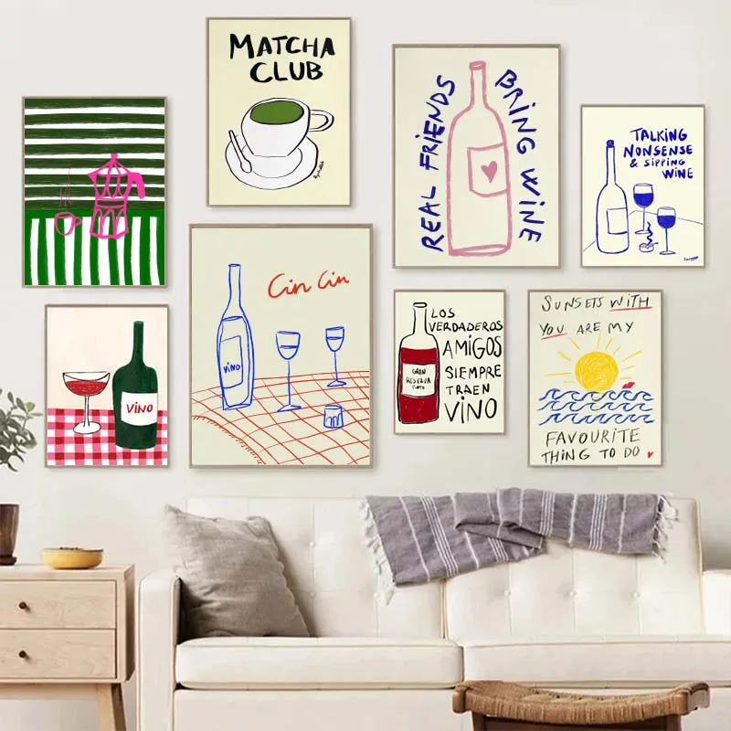 Coffee Tea Drawing - Kleurrijke tekeningen, abstracte kunst, voedselposters, canvasdecoraties,