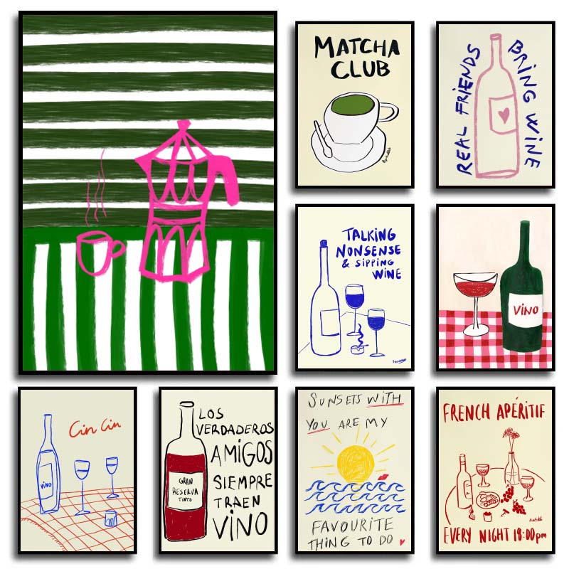 Coffee Tea Drawing - 1 stuk frameloos canvas schilderij kleurrijke