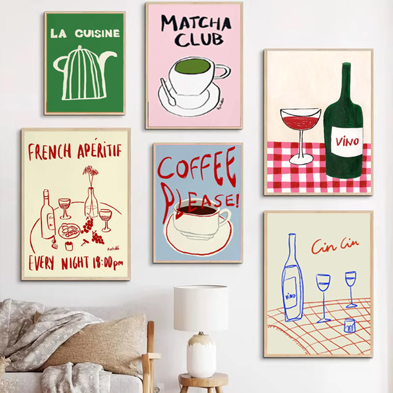 Coffee Tea Drawing - 1PC frameloze decoratieve kunstprint, kleurrijke tekeningen