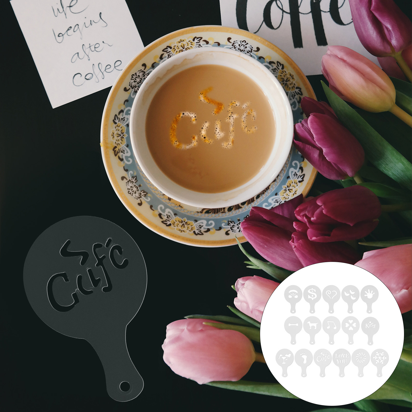 Coffee Stencil Art - 16 stuks koffiesjablonen, professionele latte-art-sjablonen, herbruikbaar,